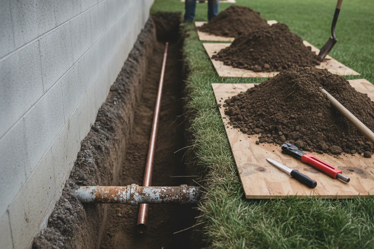 Excavated water line trench during Sewer Line Repair in Williams Bay
